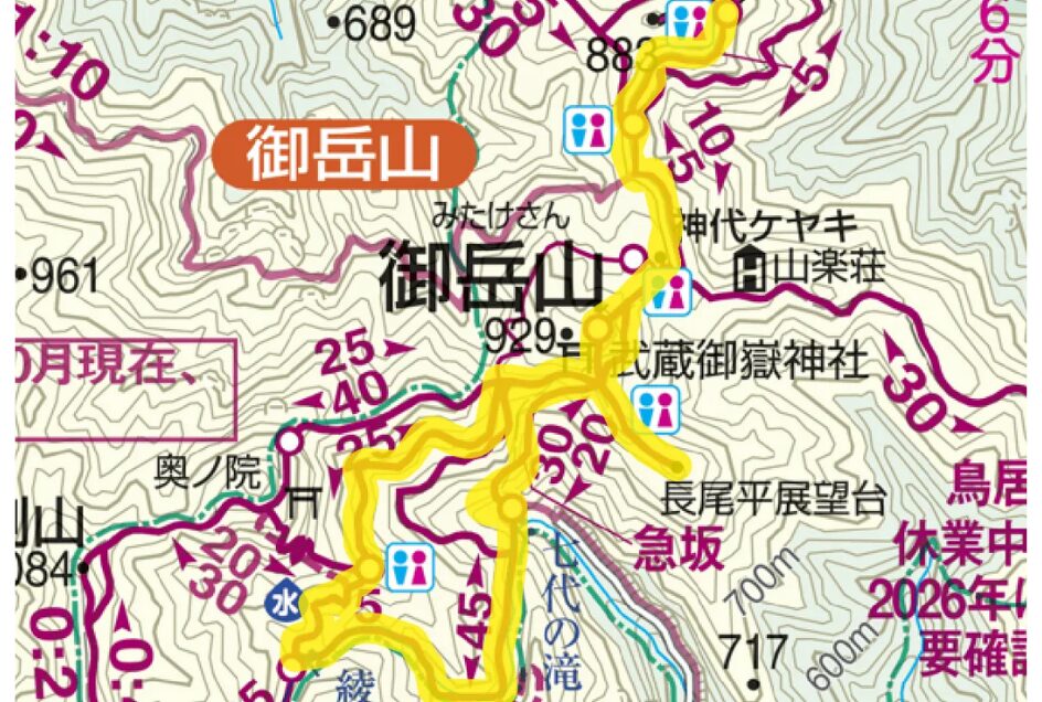 みたけさん駅を起点とする御岳山周回コースの地図